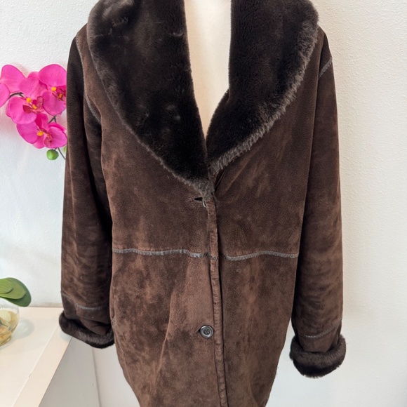 Marvin Richards Faux Suede Chocolate Brown Coat Size M Faux Fur Trim & Lining M - Picture 2 of 16